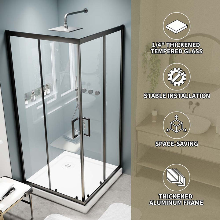 Black shower door with tempered glass and space-saving design