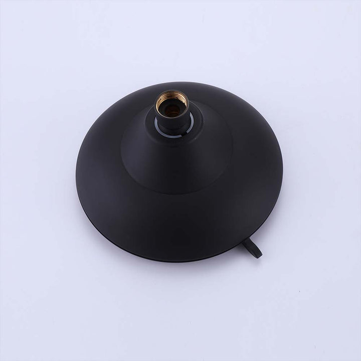 Rear view of black shower head showing threaded connector