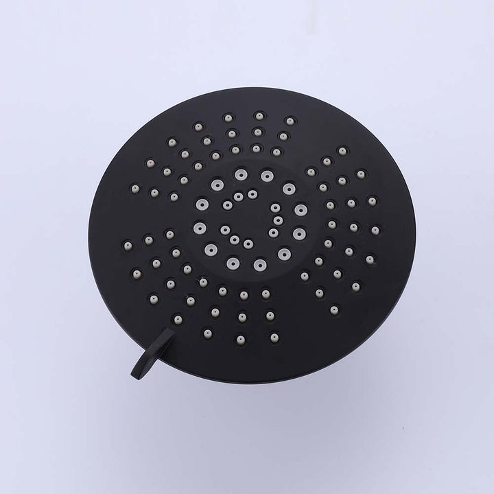 Front view of black shower head with multiple spray nozzles
