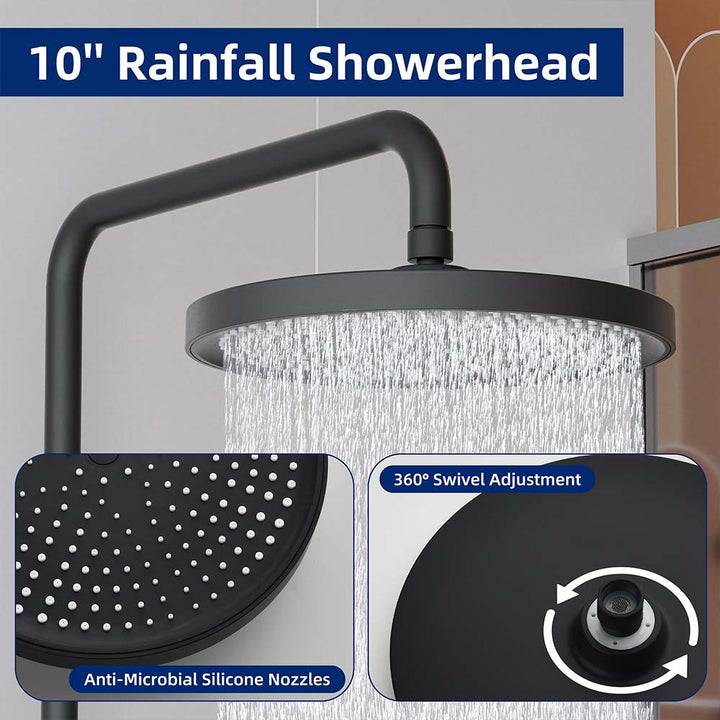 Black shower system 10 inch rainfall showerhead with swivel adjustment