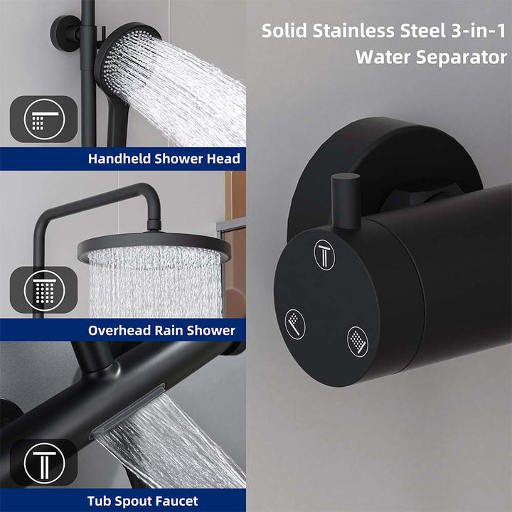 Black shower system with 3-in-1 water separator for rain and tub faucet