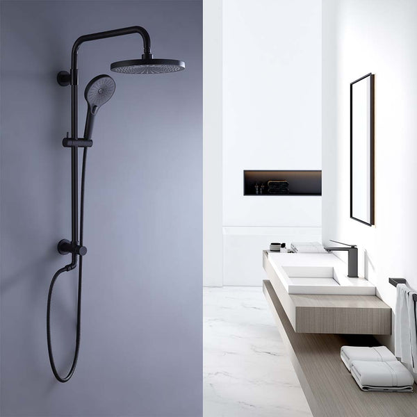 Black shower system installed in modern bathroom
