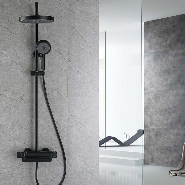 Black shower system bathroom scene with rainfall head and handheld