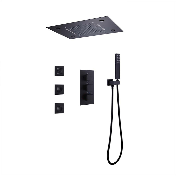Black shower system with rainfall head and handheld sprayer