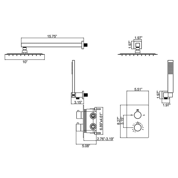 Shower system size diagram with detailed measurements
