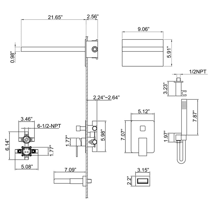 Black shower system dimensions and installation guide diagram