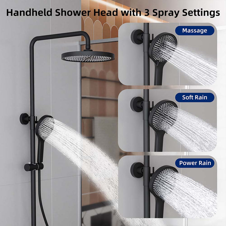 Black shower system handheld head with 3 spray settings massage rain