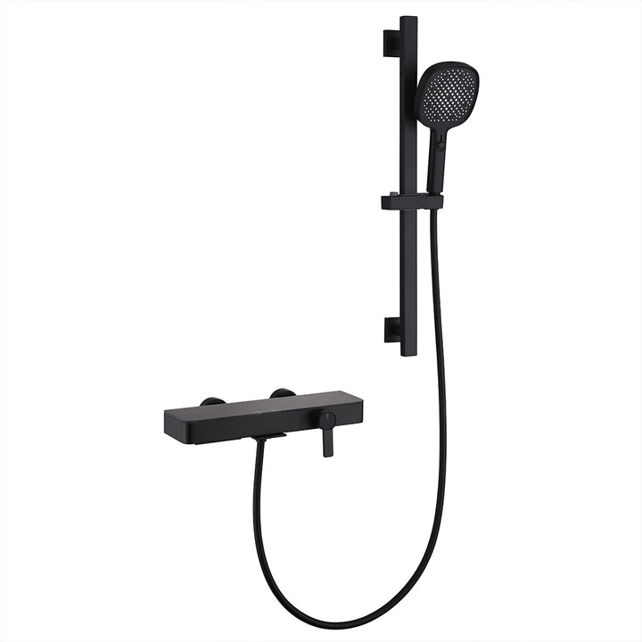 Black shower system with handheld shower and slide bar