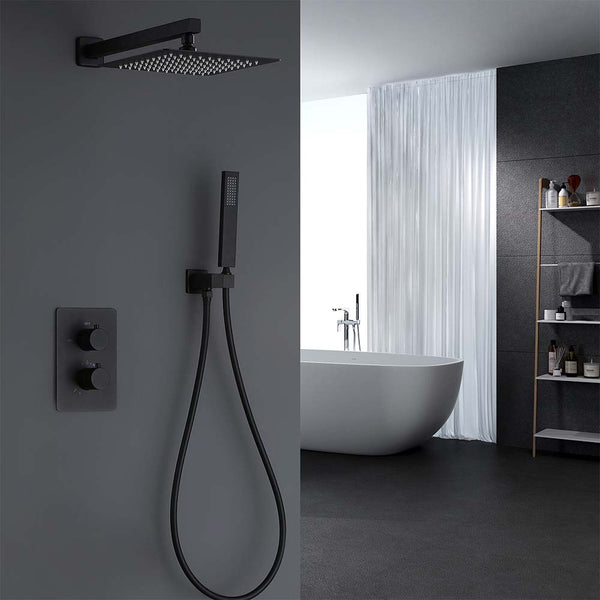 Black shower system in a modern minimalist bathroom