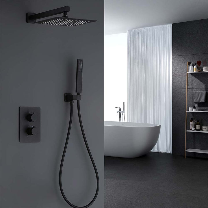 Black shower system in a modern minimalist bathroom