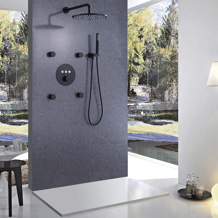 Black shower system installed in modern bathroom