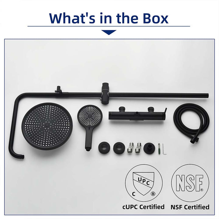 Black shower system parts included in the box with UPC NSF certified