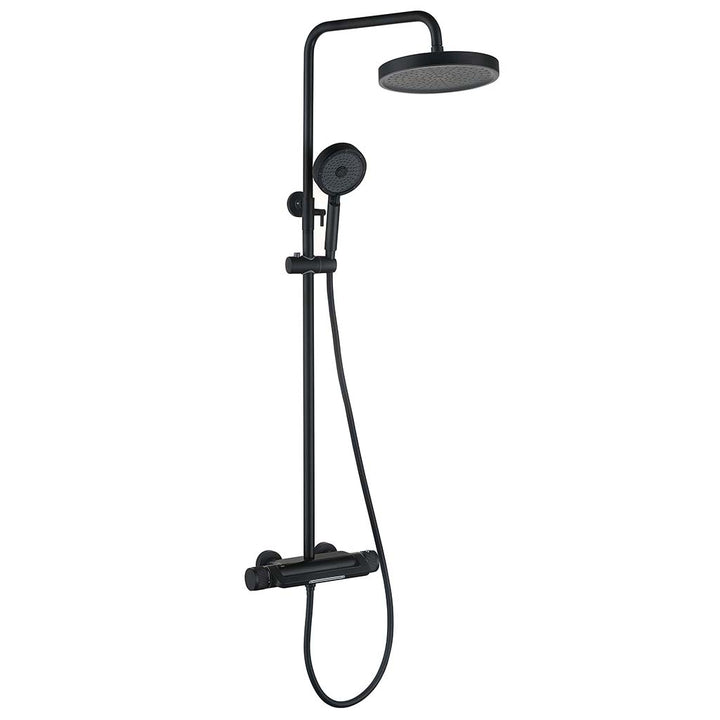 Black shower system with rainfall shower head and handheld sprayer