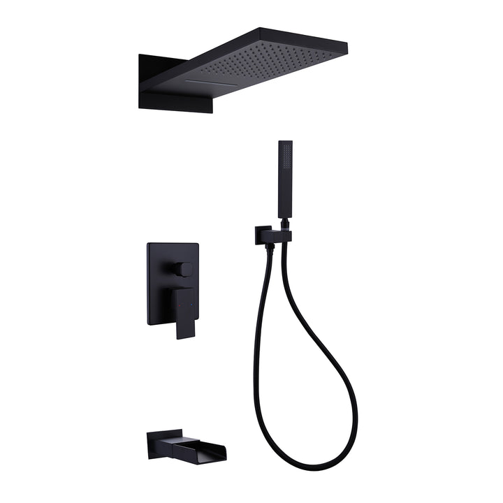 Black shower system with rainfall head handheld and tub spout