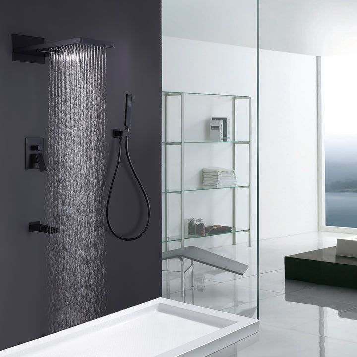 Black shower system rainfall water flow in modern bathroom