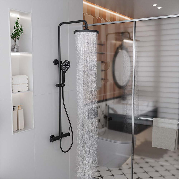 Black shower system with 10 inch rainfall showerhead in modern bathroom