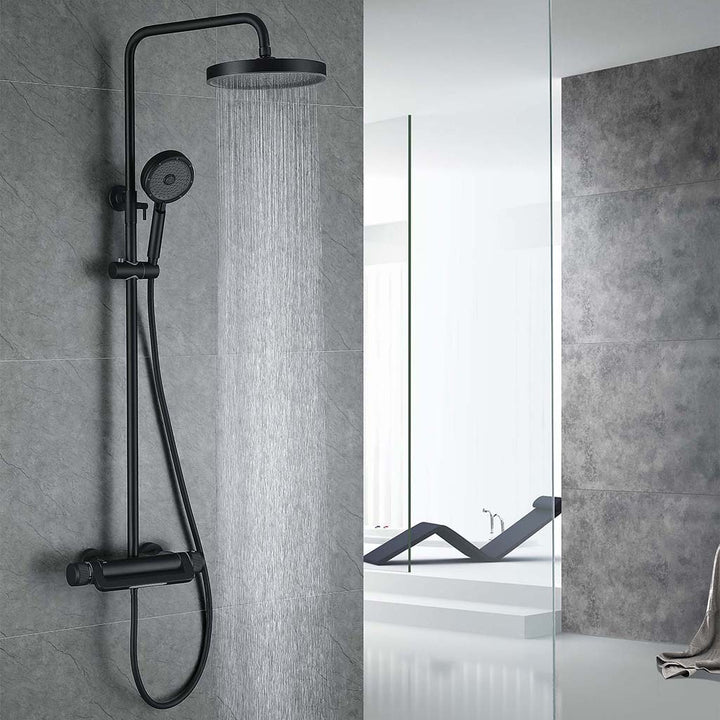 Black shower system with rainfall shower head in bathroom scene