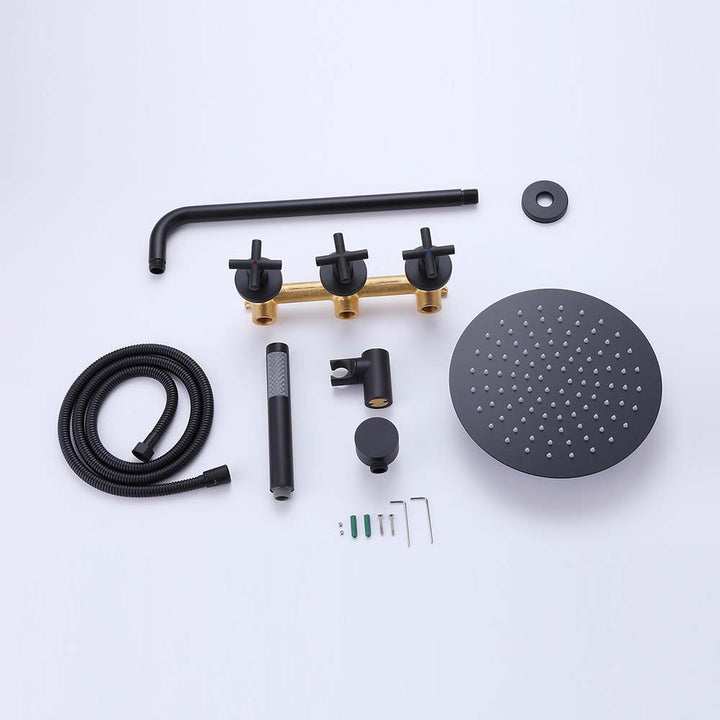 Complete matte black shower system set with rain shower and hose