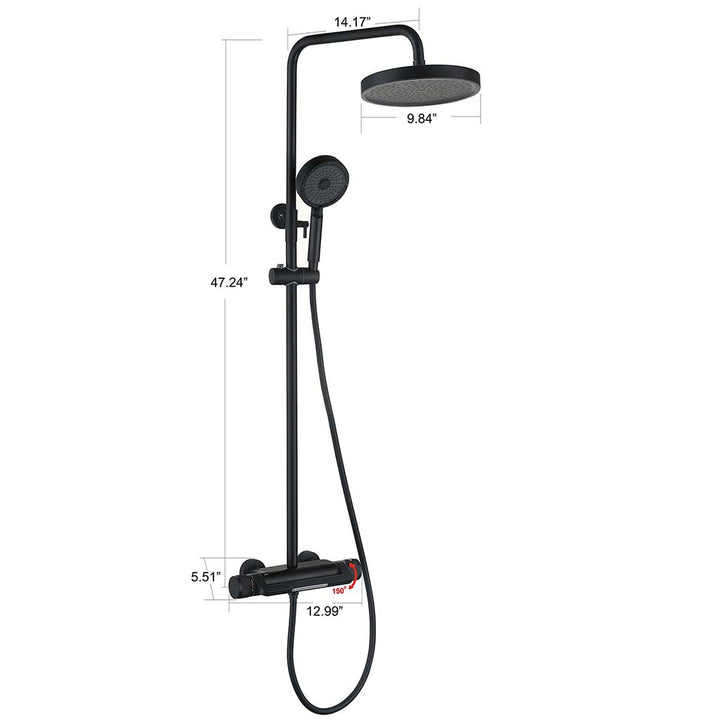 Black shower system with rainfall shower head handheld and size dimensions