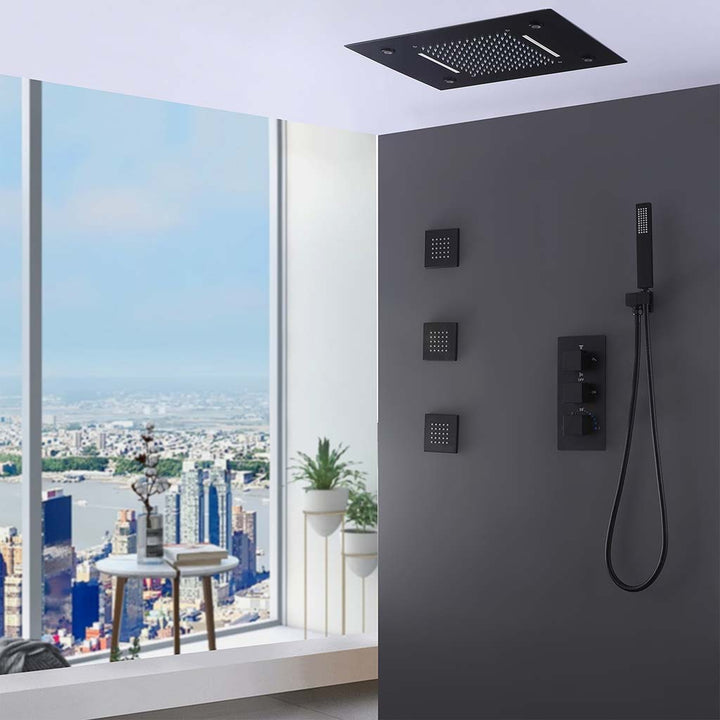 Modern black shower system with rainfall head and handheld sprayer
