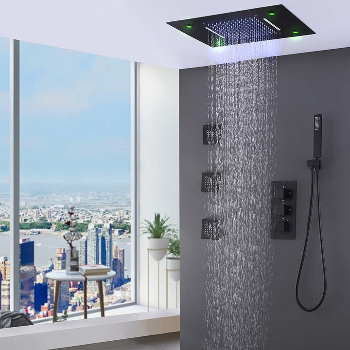 Black wall mounted rainfall shower system with handheld
