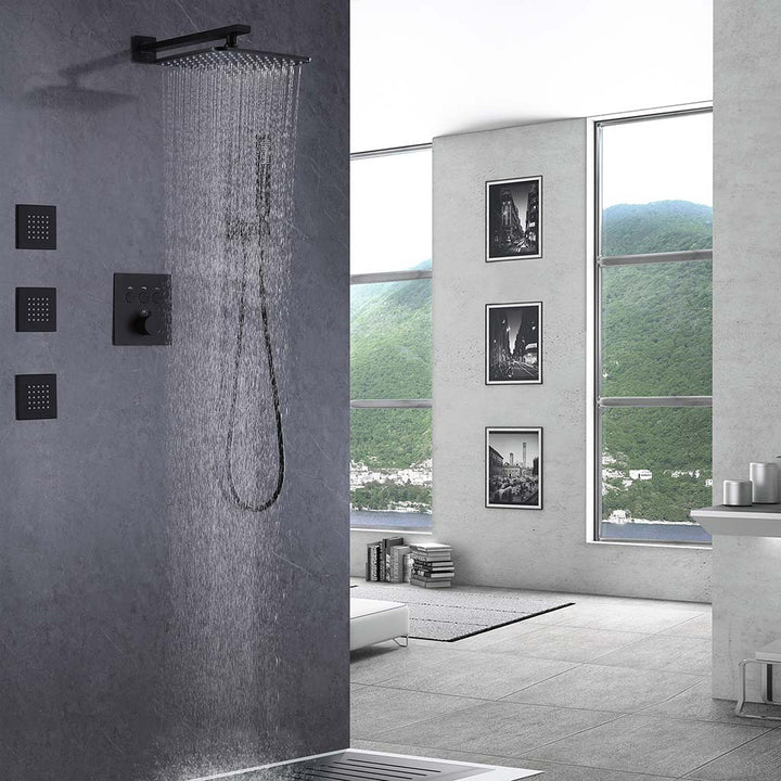 Modern black wall mounted shower system with rainfall water flow