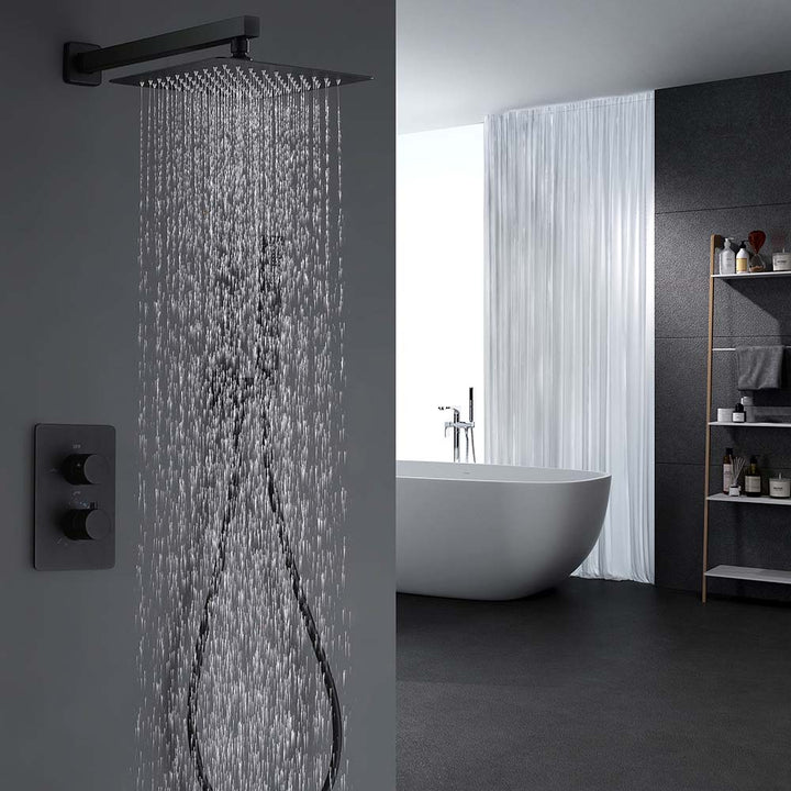 Modern black shower system with rainfall water flow