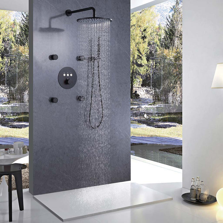Black shower system with rainfall water flow effect