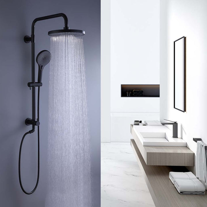 Black shower system with water flow in modern bathroom