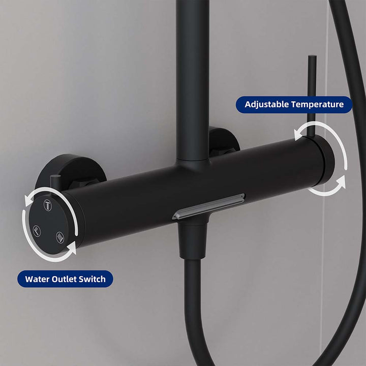 Black shower system with water outlet switch and temperature control