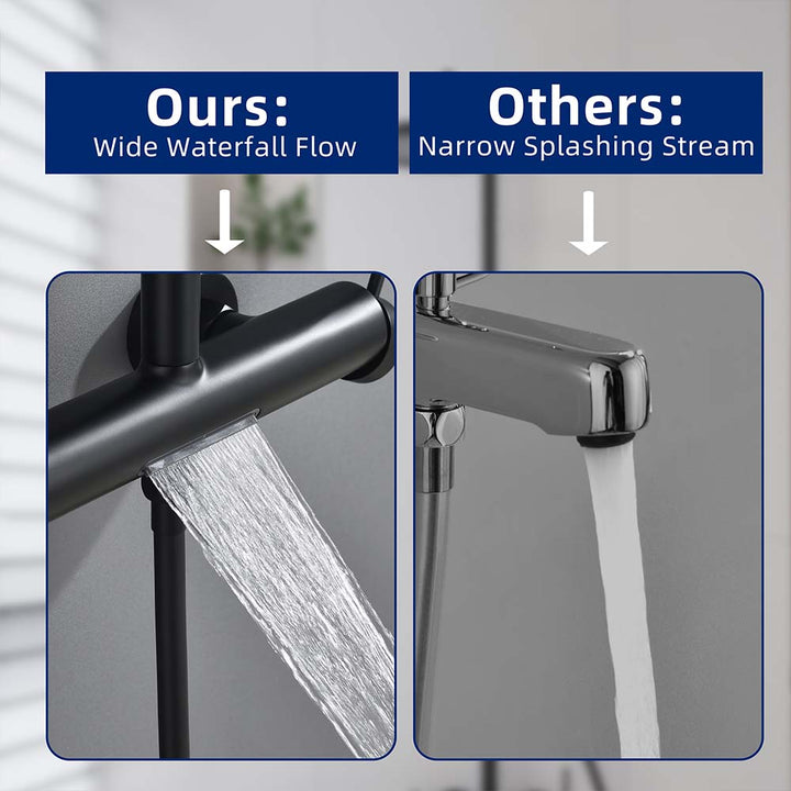 Black shower system wide waterfall flow vs standard narrow stream