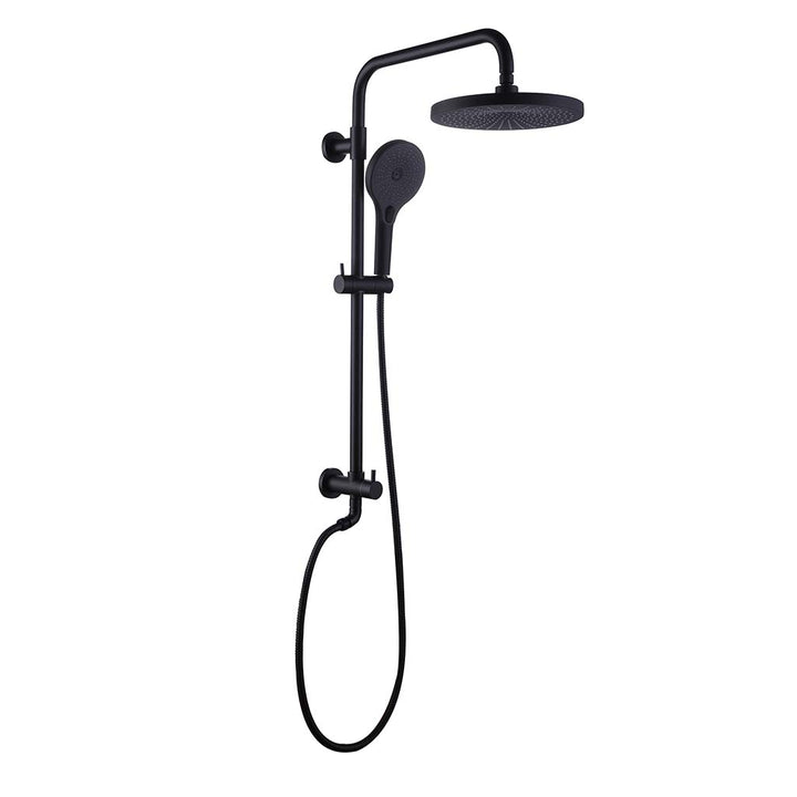 Black shower system with handheld and overhead rain shower head