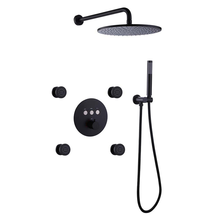 Black shower system with rainfall shower head and body jets