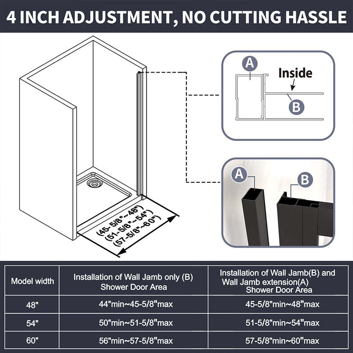 Black sliding shower door 4 inch adjustment no cutting hassle