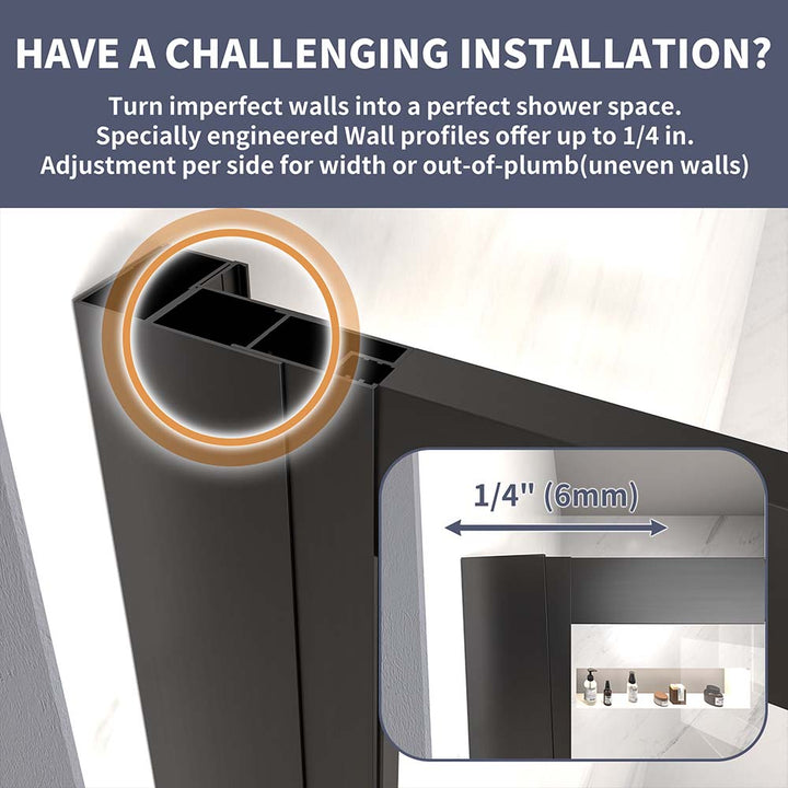 Black sliding shower door adjustable wall profiles for uneven walls