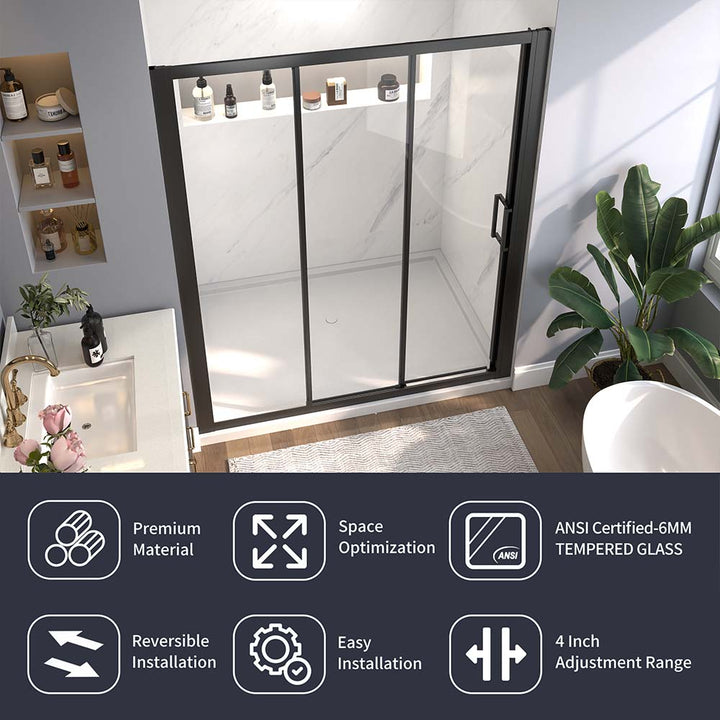 Black sliding shower door with ANSI certified 6mm tempered glass and easy installation.