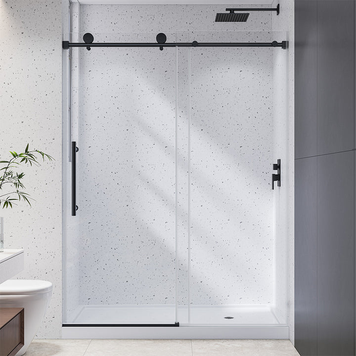 Black sliding shower door bathroom view