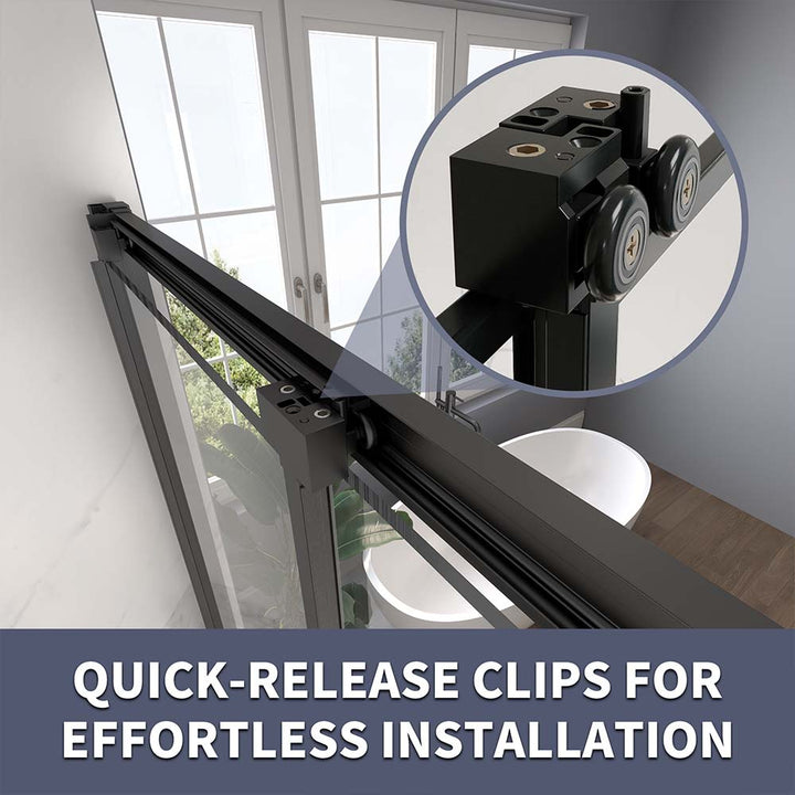 Black sliding shower door quick release clips for installation