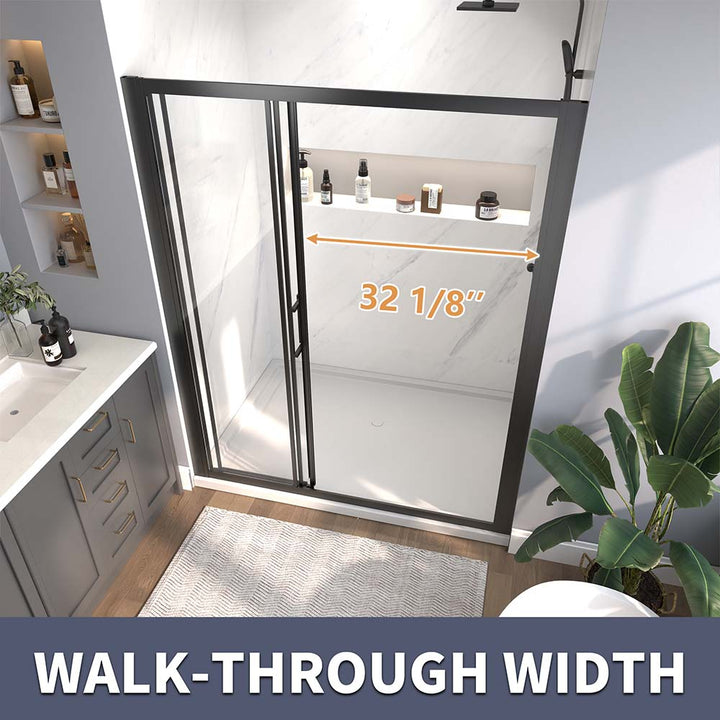 Black sliding shower door with 32 1/8" walk-through width and clear glass.