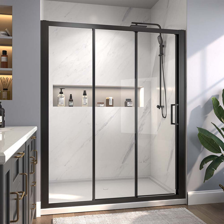 Black sliding shower door with shelf and modern design, featuring clear glass.
