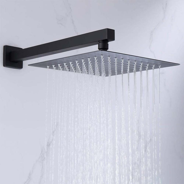 Matte black square rain shower head with water flowing