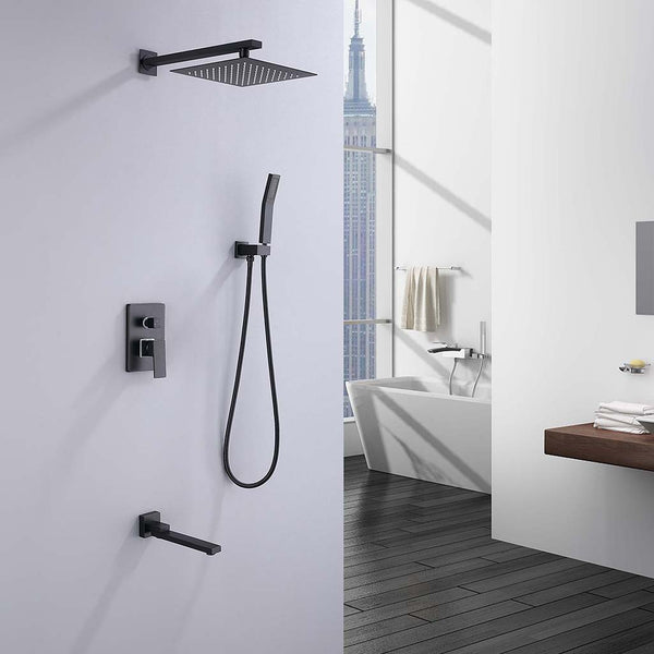 Black square shower system with handheld and tub spout in bathroom