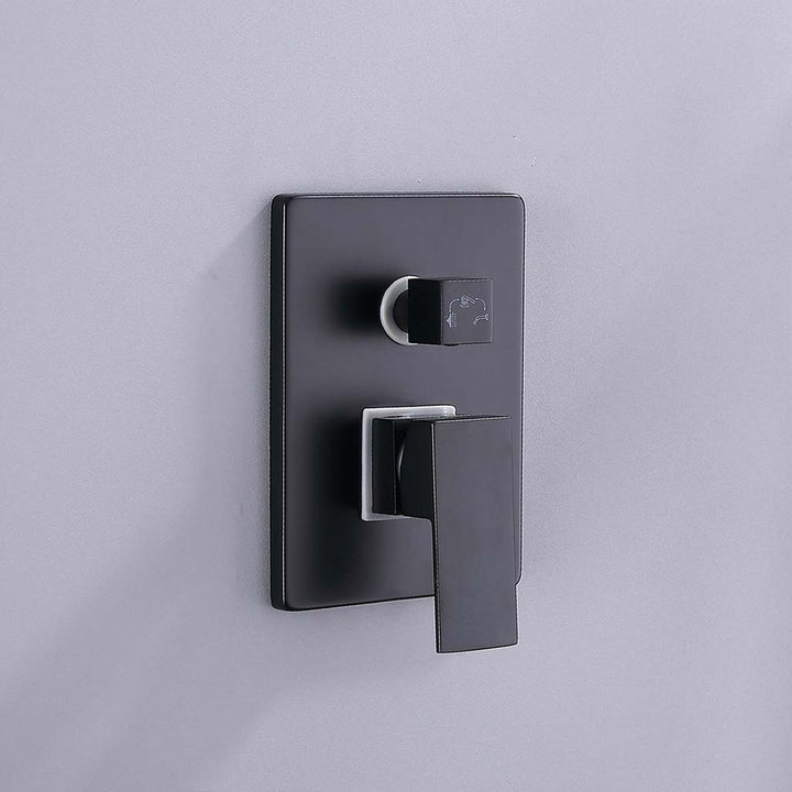 Black square shower system control valve with handle detail