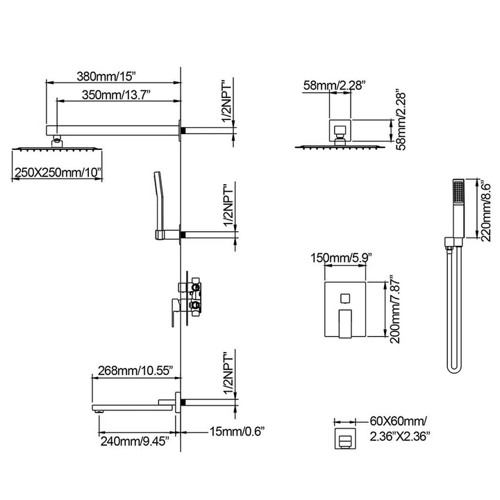 Black square shower system dimensions with size chart and fittings
