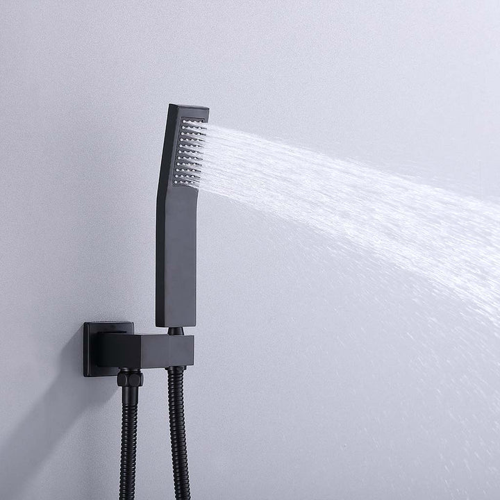 Black square shower system handheld showerhead with water flow