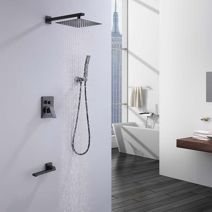 Black square shower system with rainfall head in modern bathroom