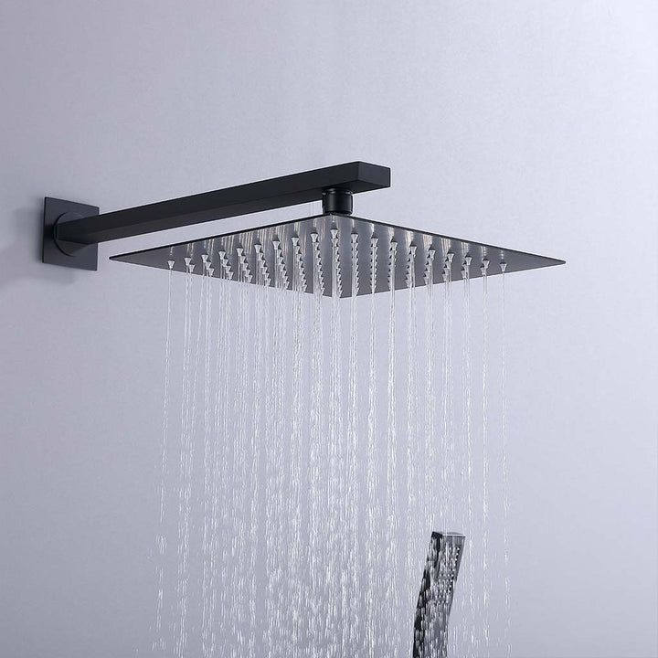 Black square shower system rainfall showerhead with water flow