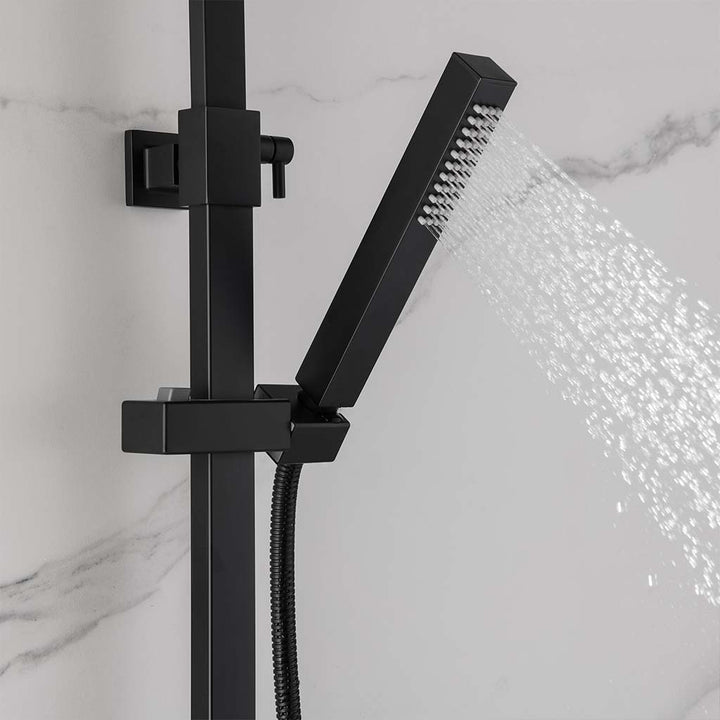 Black square wall mounted shower system with handheld sprayer