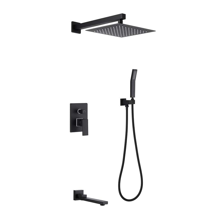 Black square shower system with handheld shower and tub spout