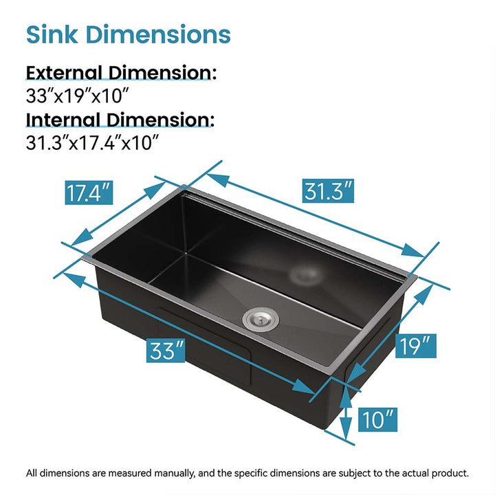 Black stainless steel kitchen sink dimensions 33 x 22 x 10
